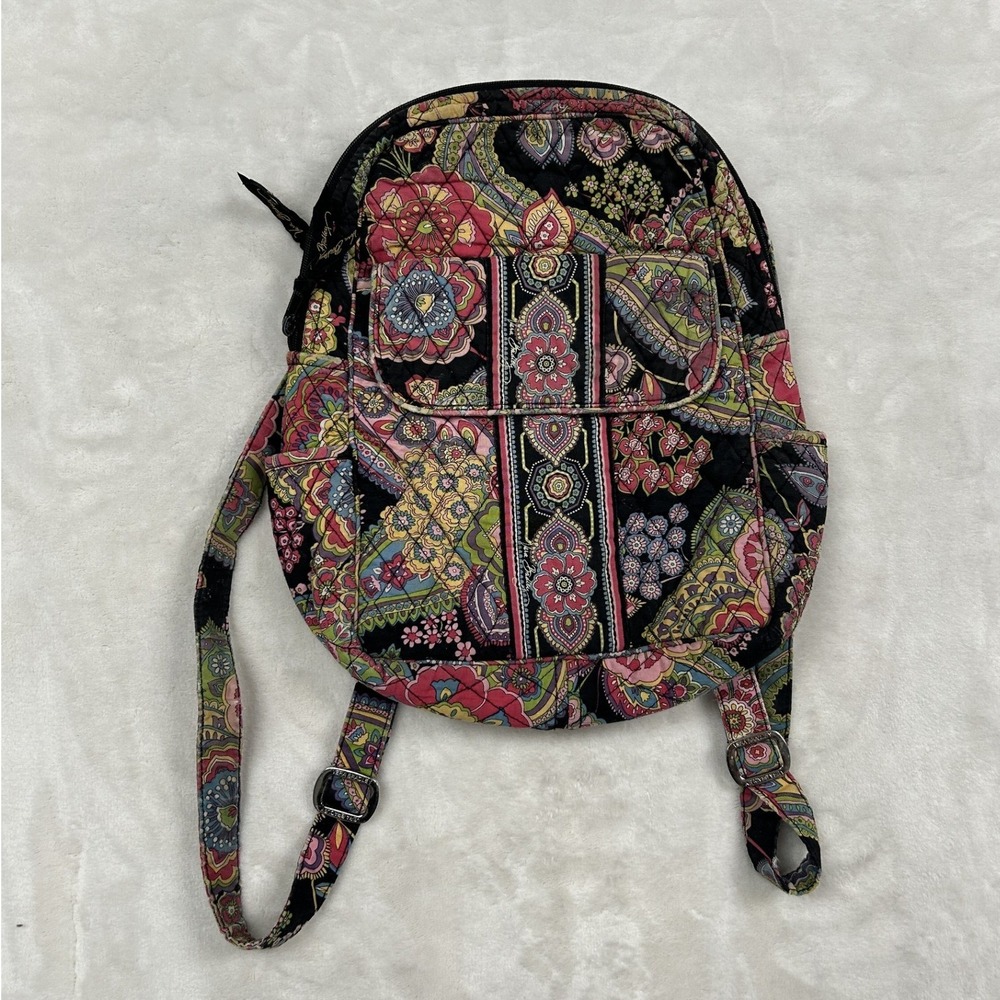 Vera Bradley Quilted Backpack Womens Small Black Paisley Bali Blue Floral Boho
